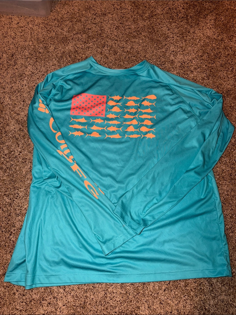 Columbia Teal Long-Sleeve Performance Shirt with Orange Fish Flag Graphic